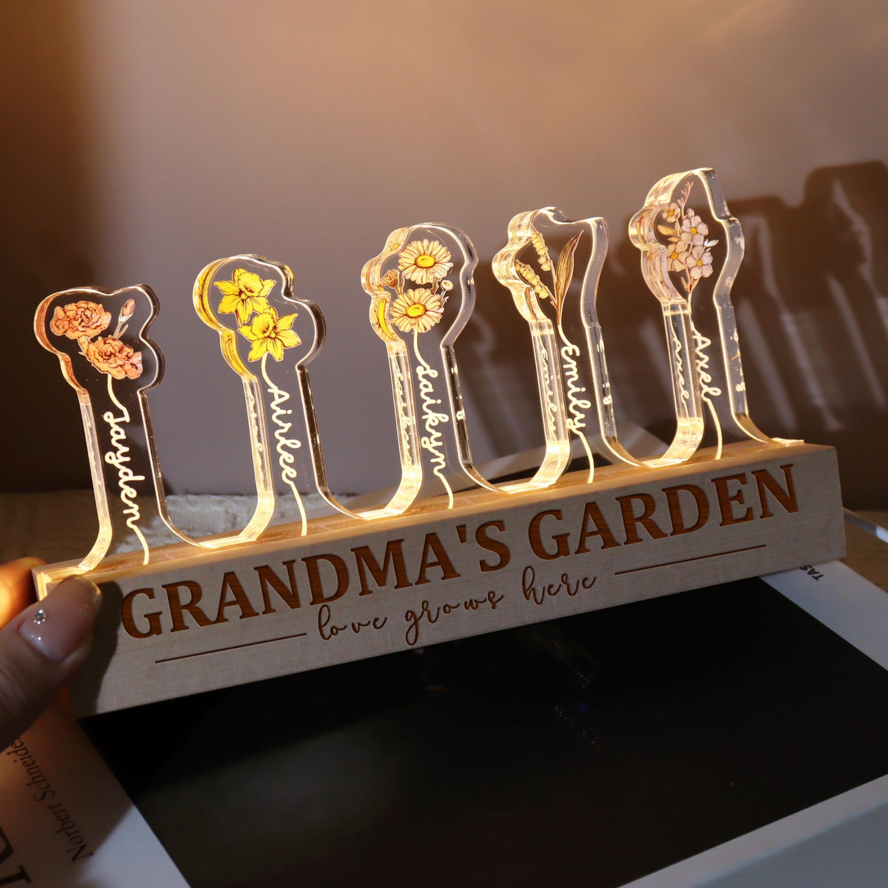 Custom Birth Flower 3D Crystal LED Light with Kids Names – Mother’s Day Gift for Mom/Grandma