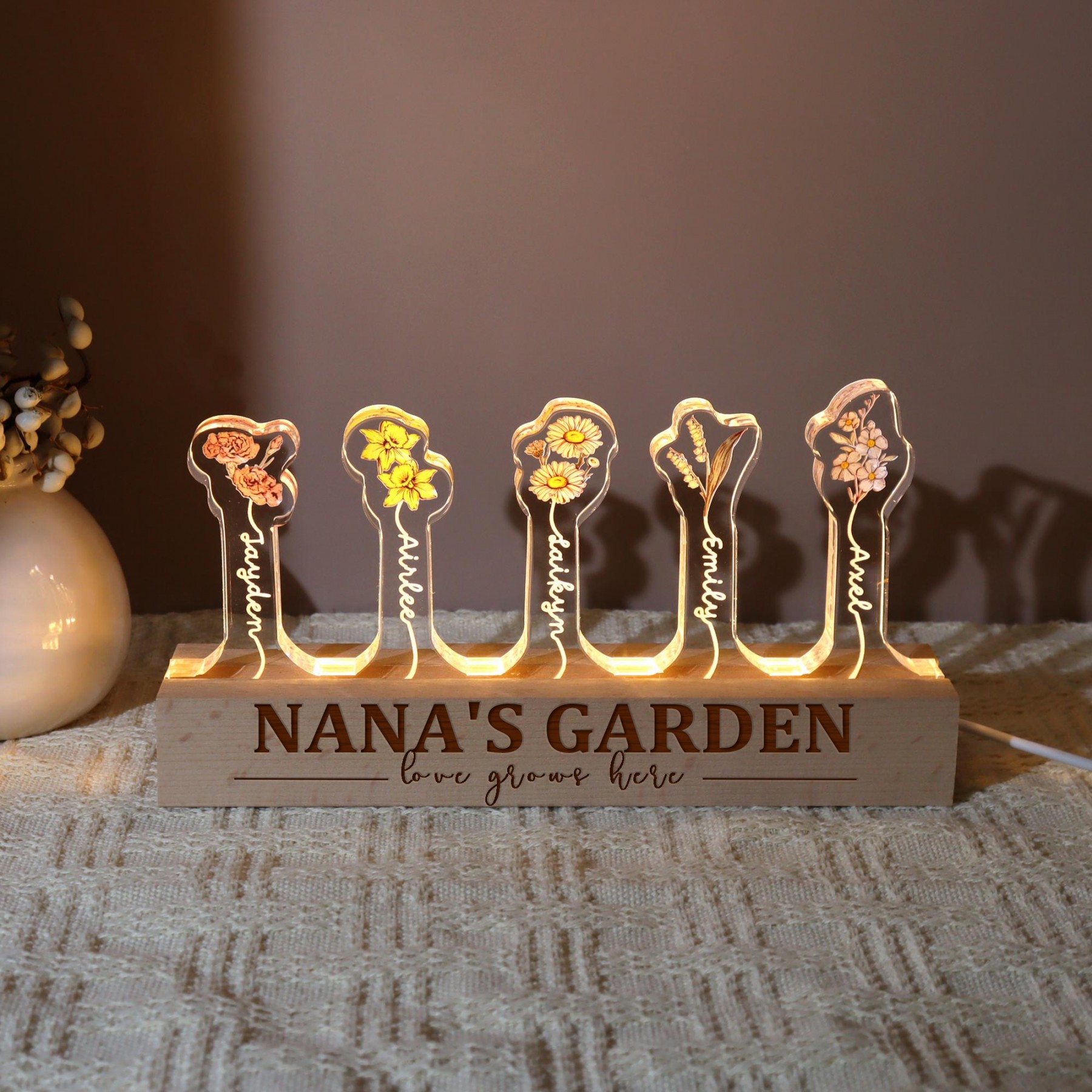Custom Birth Flower 3D Crystal LED Light with Kids Names – Mother’s Day Gift for Mom/Grandma