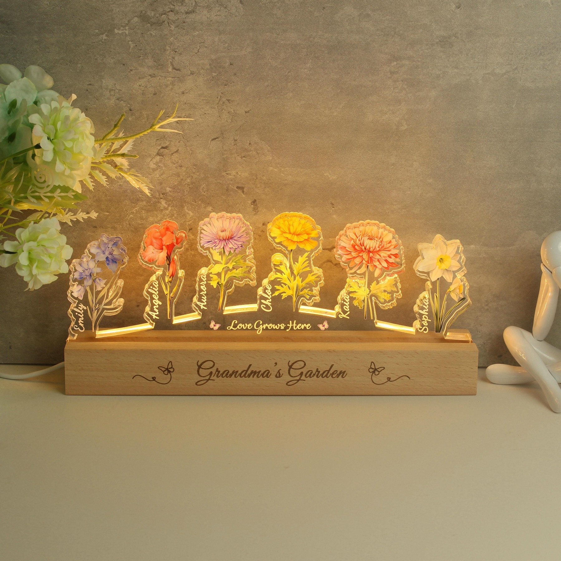Custom Grandma's Garden Birth Flower Acrylic Night Light Unique Gifts for Mom Grandma Mother's Day Gift