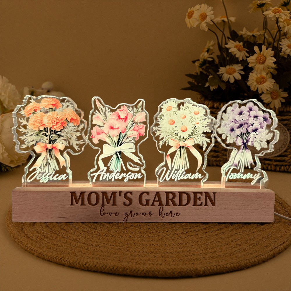 Custom Birth Flower 3D Crystal LED Light with Kids Names – Mother’s Day Gift for Mom/Grandma