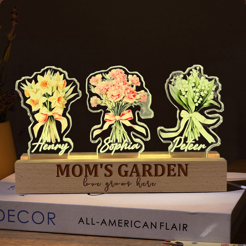 Custom Birth Flower 3D Crystal LED Light with Kids Names – Mother’s Day Gift for Mom/Grandma