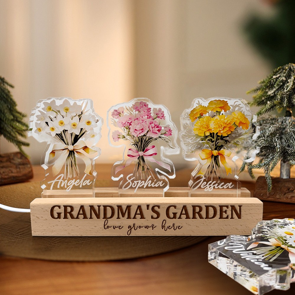 Custom Birth Flower 3D Crystal LED Light with Kids Names – Mother’s Day Gift for Mom/Grandma