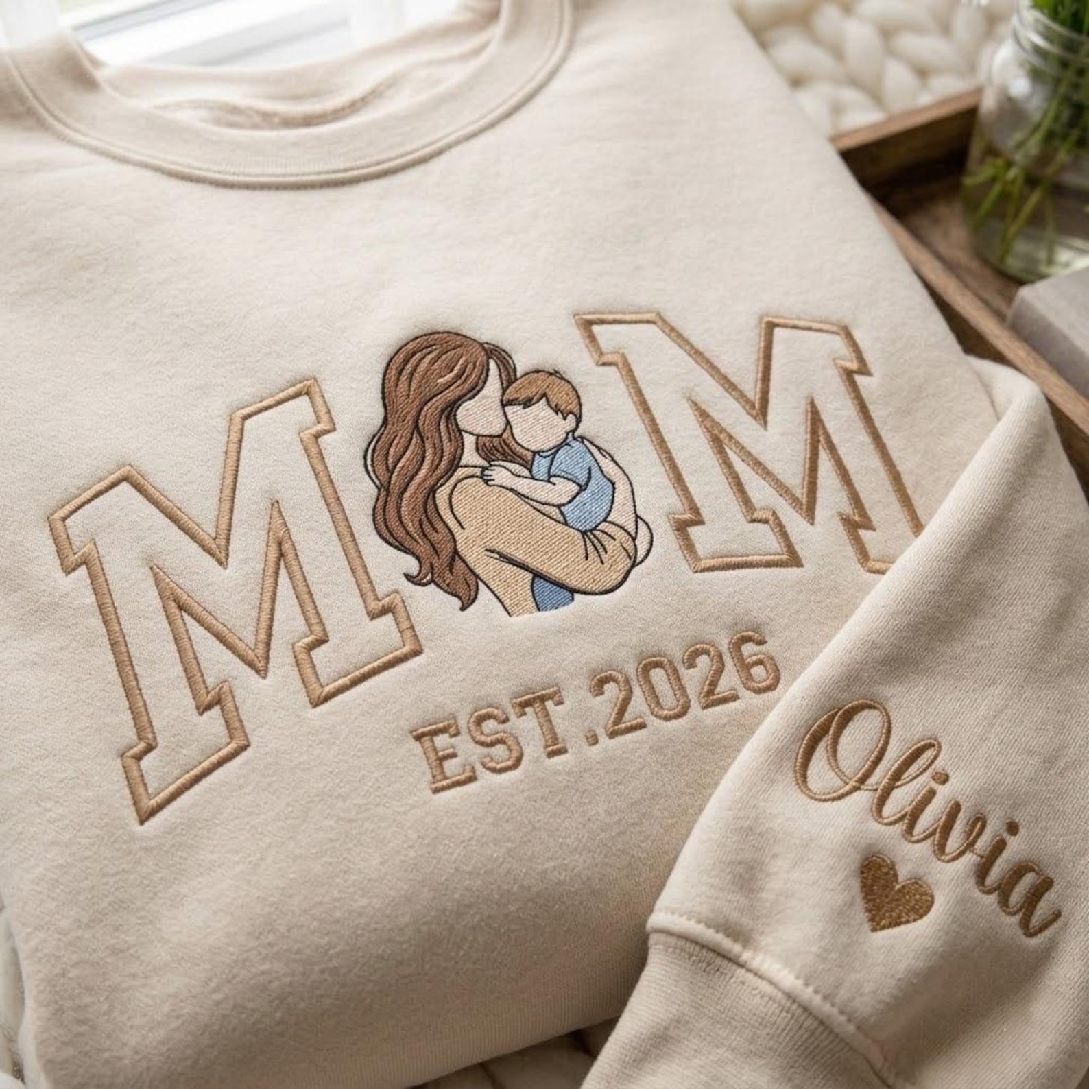 Custom Embroidered Mom Portrait Sweatshirt Mother's Day Gift Idea