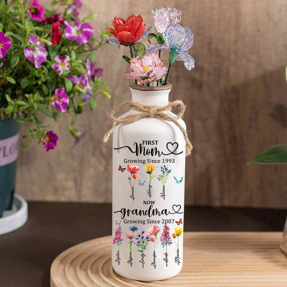Personalized Birth Flower Vase with Glass Flower Mother's Day Gift Keepsake Gift For Mom/Grandma