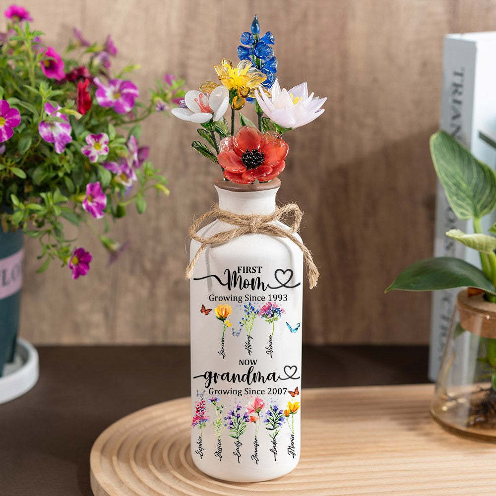 Personalized Birth Flower Vase with Glass Flower Mother's Day Gift Keepsake Gift For Mom/Grandma