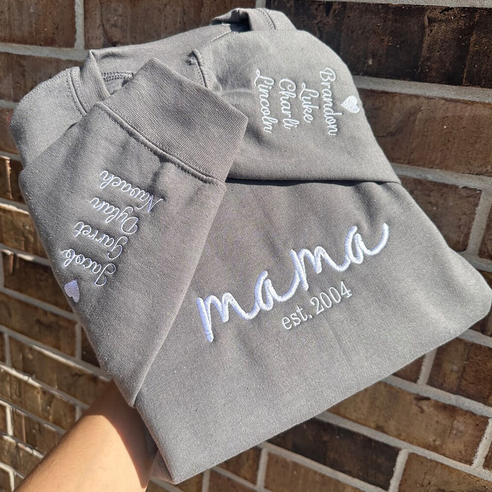 Custom Embroidered Mama Sweatshirt with Kids Names on Sleeve Mother's Day Gift for Mom Grandma