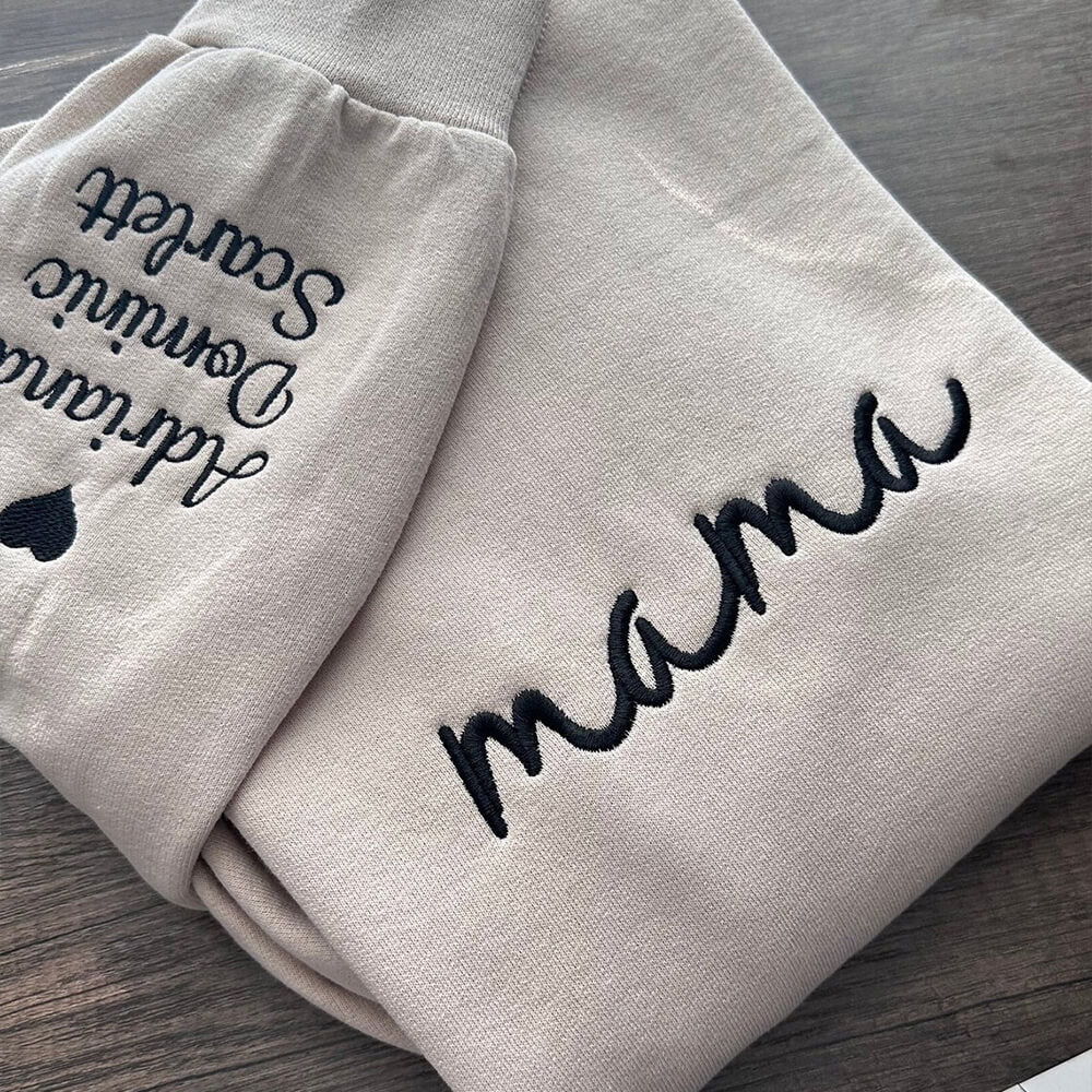 Custom Embroidered Mama Sweatshirt with Kids Names on Sleeve Mother's Day Gift for Mom Grandma