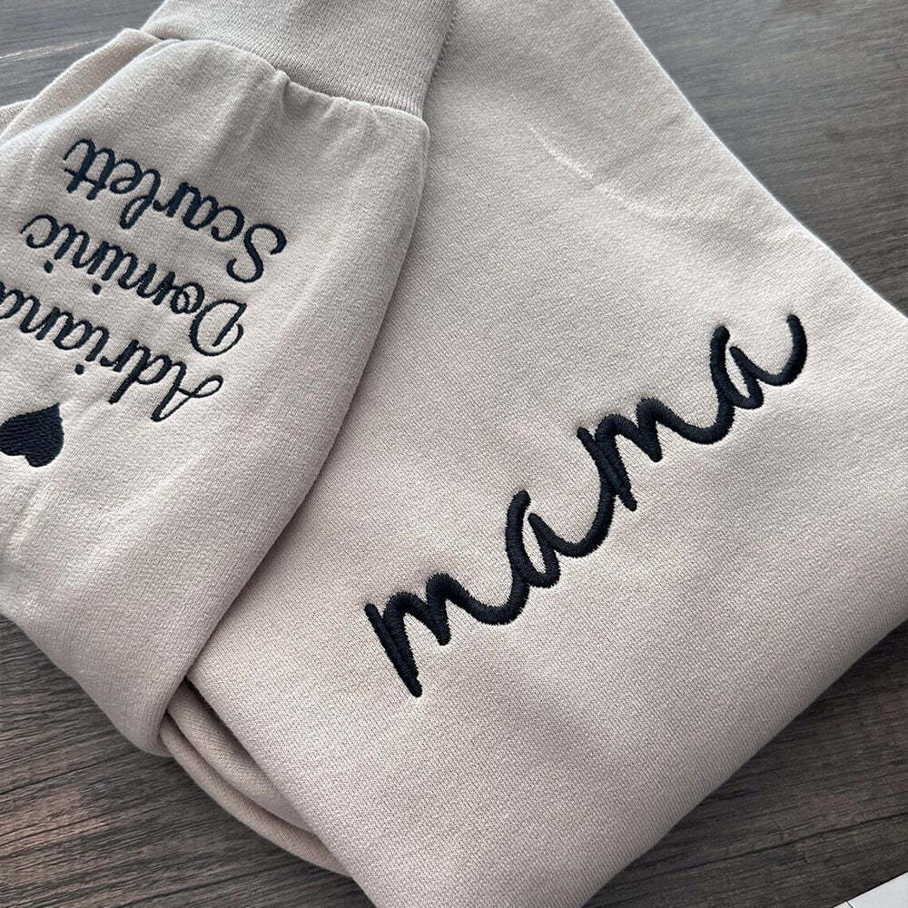 Custom Embroidered Mama Sweatshirt with Kids Names on Sleeve Mother's Day Gift for Mom Grandma