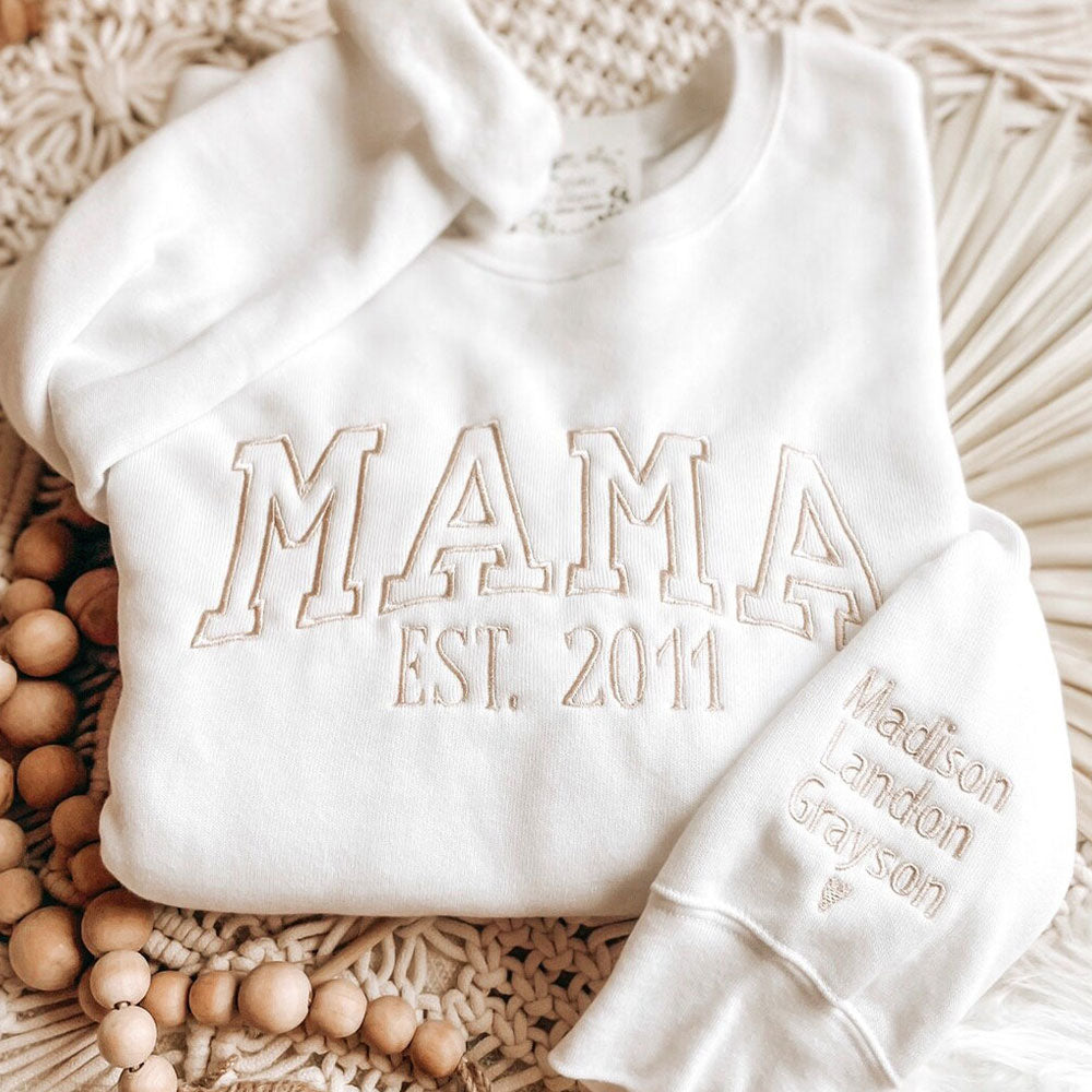 Custom Embroidered Mama EST Sweatshirt Hoodie with Kids Names on Sleeve Mother's Day Gift for Mom Grandma