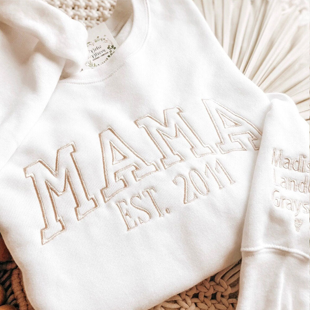 Custom Embroidered Mama EST Sweatshirt Hoodie with Kids Names on Sleeve Mother's Day Gift for Mom Grandma