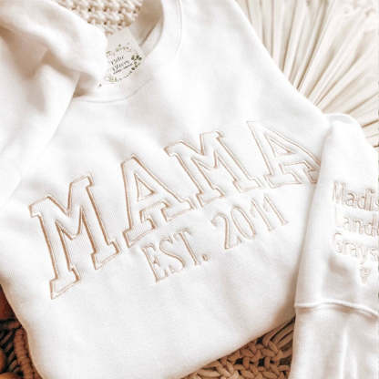 Custom Embroidered Mama EST Sweatshirt Hoodie with Kids Names on Sleeve Mother's Day Gift for Mom Grandma