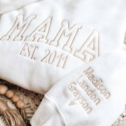 Custom Embroidered Mama EST Sweatshirt Hoodie with Kids Names on Sleeve Mother's Day Gift for Mom Grandma