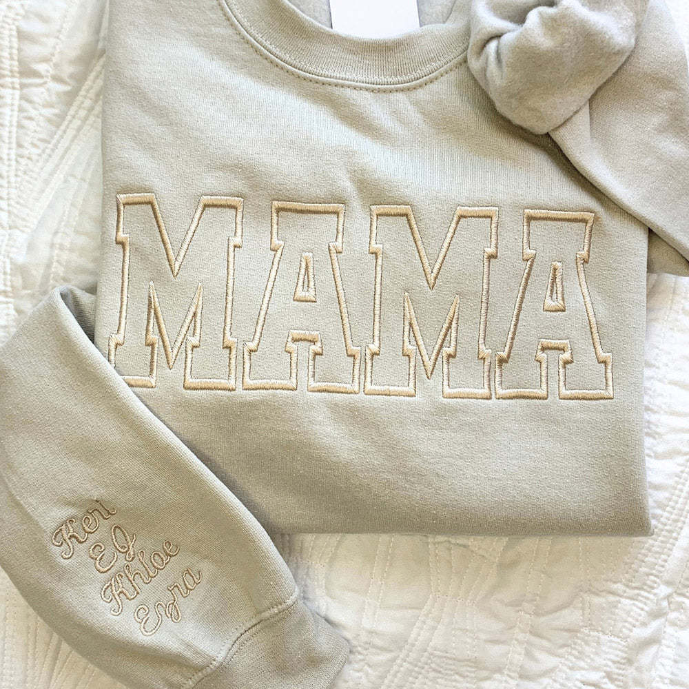 Custom Embroidered Mama EST Sweatshirt Hoodie with Kids Names on Sleeve Mother's Day Gift for Mom Grandma