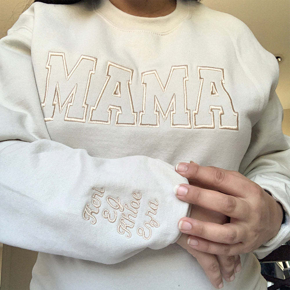 Custom Embroidered Mama EST Sweatshirt Hoodie with Kids Names on Sleeve Mother's Day Gift for Mom Grandma