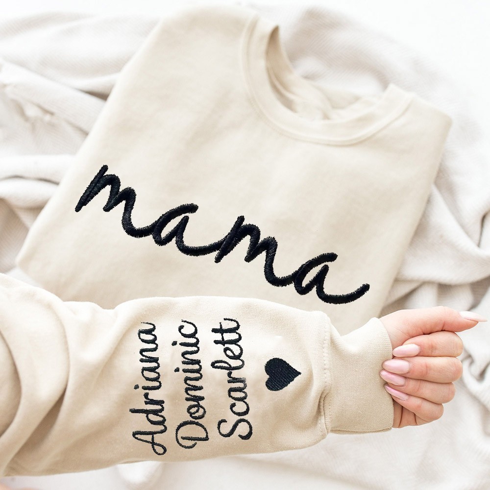 Custom Embroidered Mama Sweatshirt with Kids Names on Sleeve Mother's Day Gift for Mom Grandma