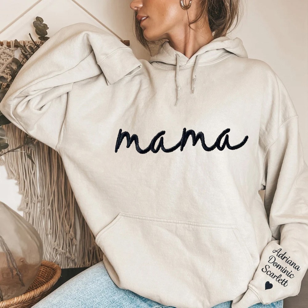 Custom Embroidered Mama Sweatshirt with Kids Names on Sleeve Mother's Day Gift for Mom Grandma