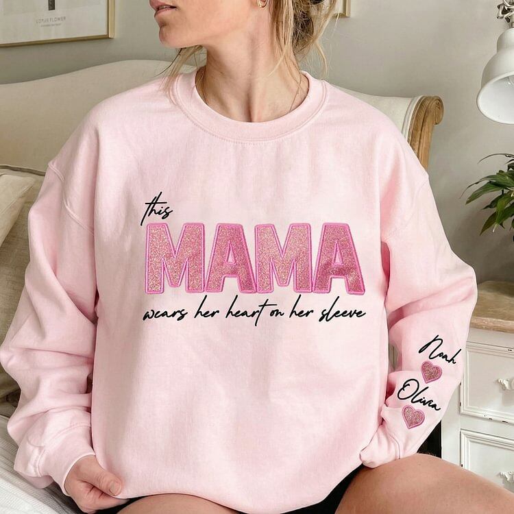 MAMA Wears Her Heart on Her Sleeves Custom Embroidered Glitter Vinyl MAMA Sweatshirt Mother's Day Gift