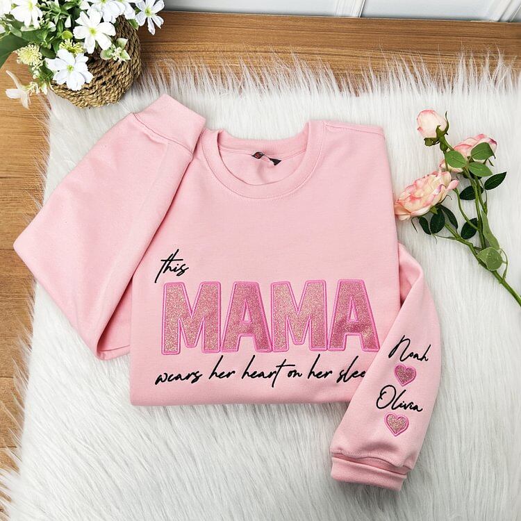 MAMA Wears Her Heart on Her Sleeves Custom Embroidered Glitter Vinyl MAMA Sweatshirt Mother's Day Gift