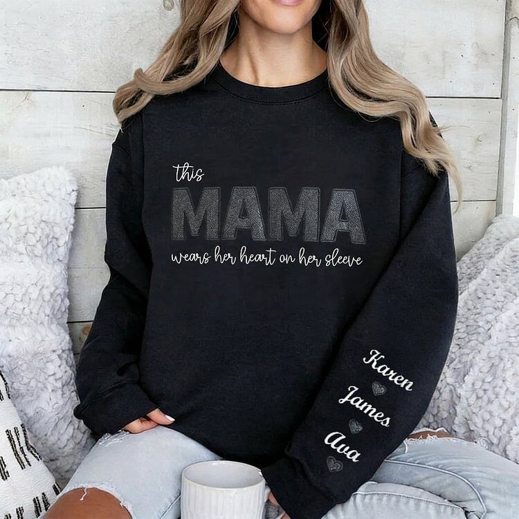 MAMA Wears Her Heart on Her Sleeves Custom Embroidered Glitter Vinyl MAMA Sweatshirt Mother's Day Gift