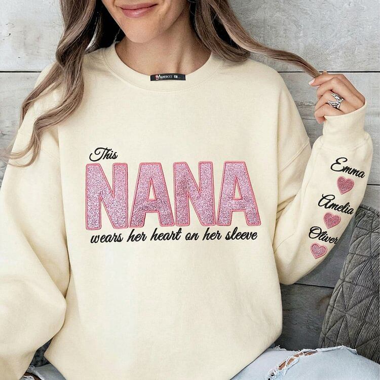 MAMA Wears Her Heart on Her Sleeves Custom Embroidered Glitter Vinyl MAMA Sweatshirt Mother's Day Gift