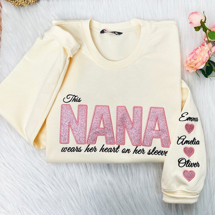 MAMA Wears Her Heart on Her Sleeves Custom Embroidered Glitter Vinyl MAMA Sweatshirt Mother's Day Gift