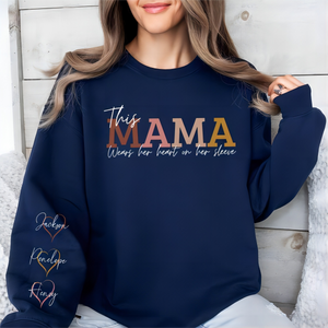 This MAMA Wears Her Heart on Her Sleeves Custom Embroidered MOM Sweatshirt with Kids’ Names Mother's Day Gift
