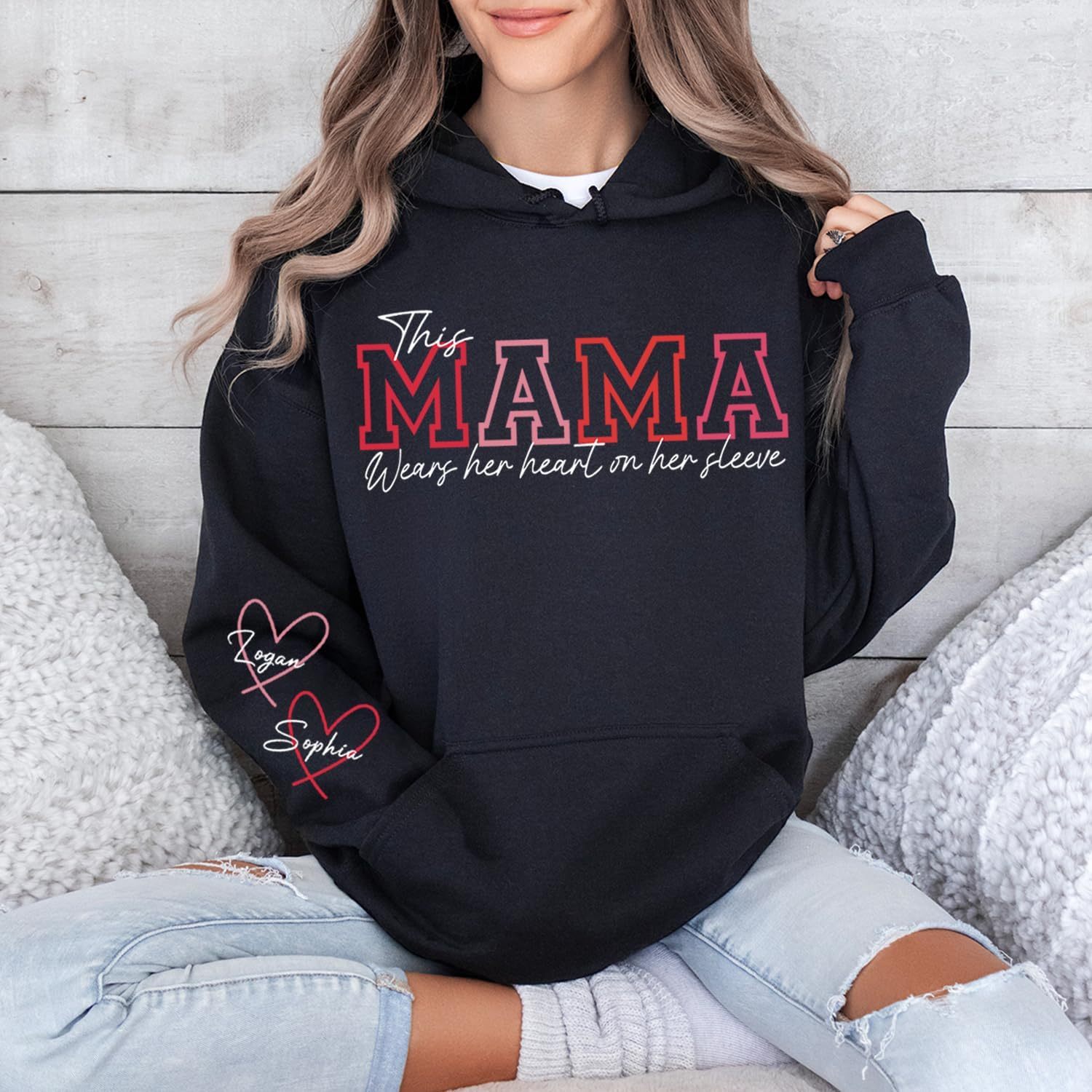 This MAMA Wears Her Heart on Her Sleeves Custom Embroidered MOM Sweatshirt with Kids’ Names Mother's Day Gift