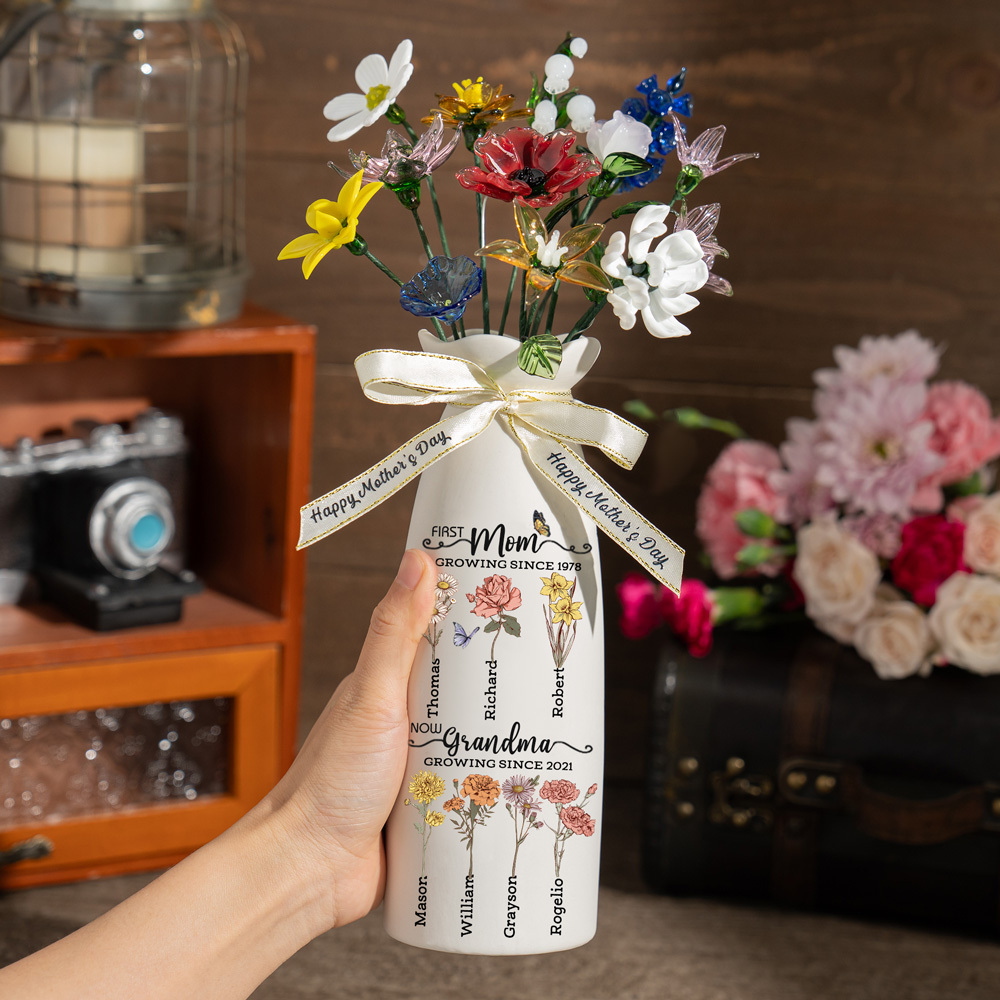 Custom Birth Flower Vase with Glass Flower Mother's Day Gift Keepsake Gift For Mom/Grandma