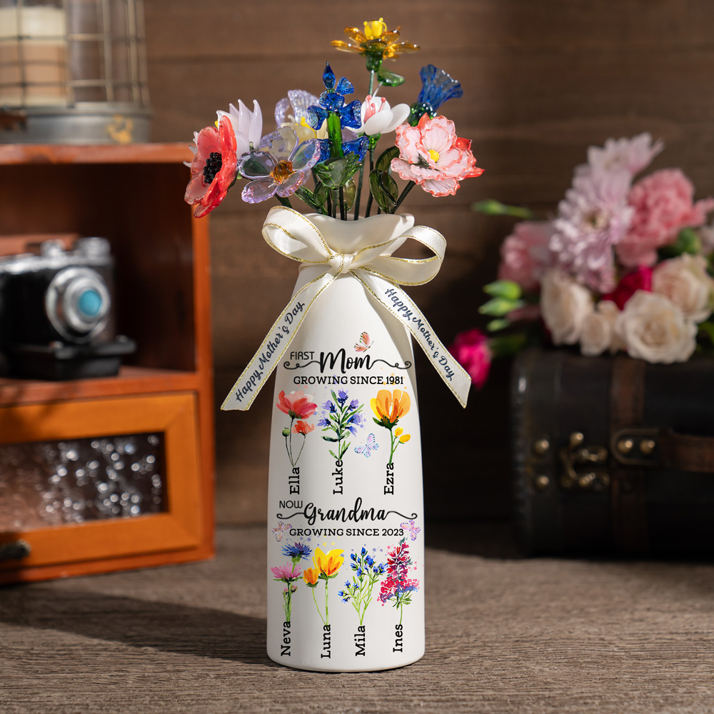 Custom Birth Flower Vase with Glass Flower Mother's Day Gift Keepsake Gift For Mom/Grandma