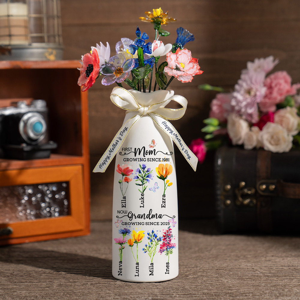 Custom Birth Flower Vase with Glass Flower Mother's Day Gift Keepsake Gift For Mom/Grandma