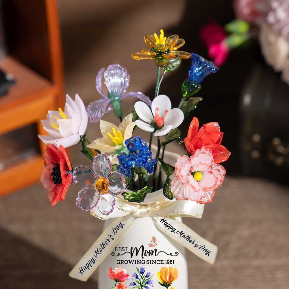 Custom Birth Flower Vase with Glass Flower Mother's Day Gift Keepsake Gift For Mom/Grandma