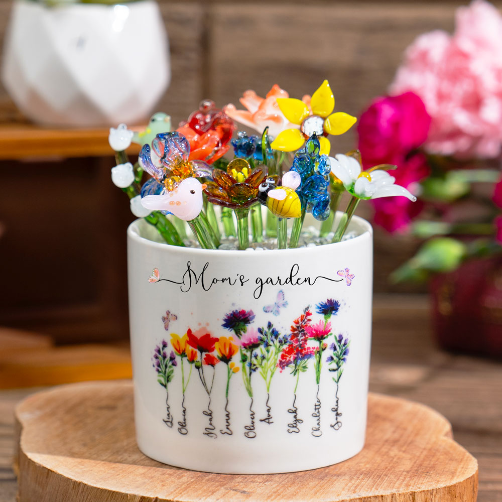 Custom Birth Flower Pot with Mini Glass Flower Spring Decoration Mother's Day Gift