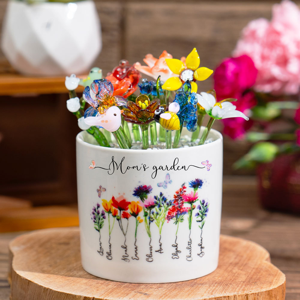 Custom Birth Flower Pot with Mini Glass Flower Spring Decoration Mother's Day Gift