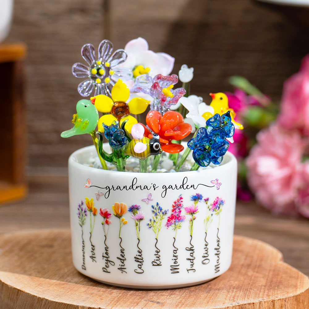 Custom Birth Flower Pot with Mini Glass Flower Spring Decoration Mother's Day Gift