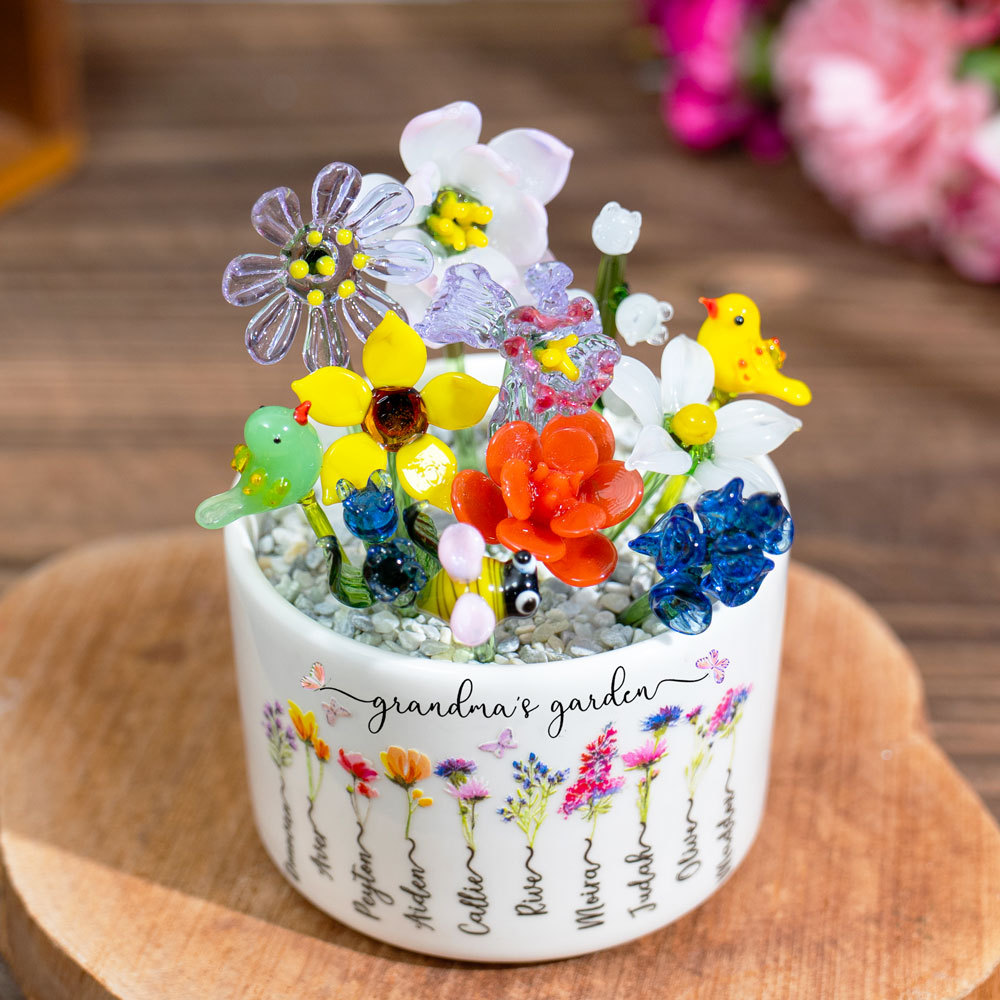 Custom Birth Flower Pot with Mini Glass Flower Spring Decoration Mother's Day Gift