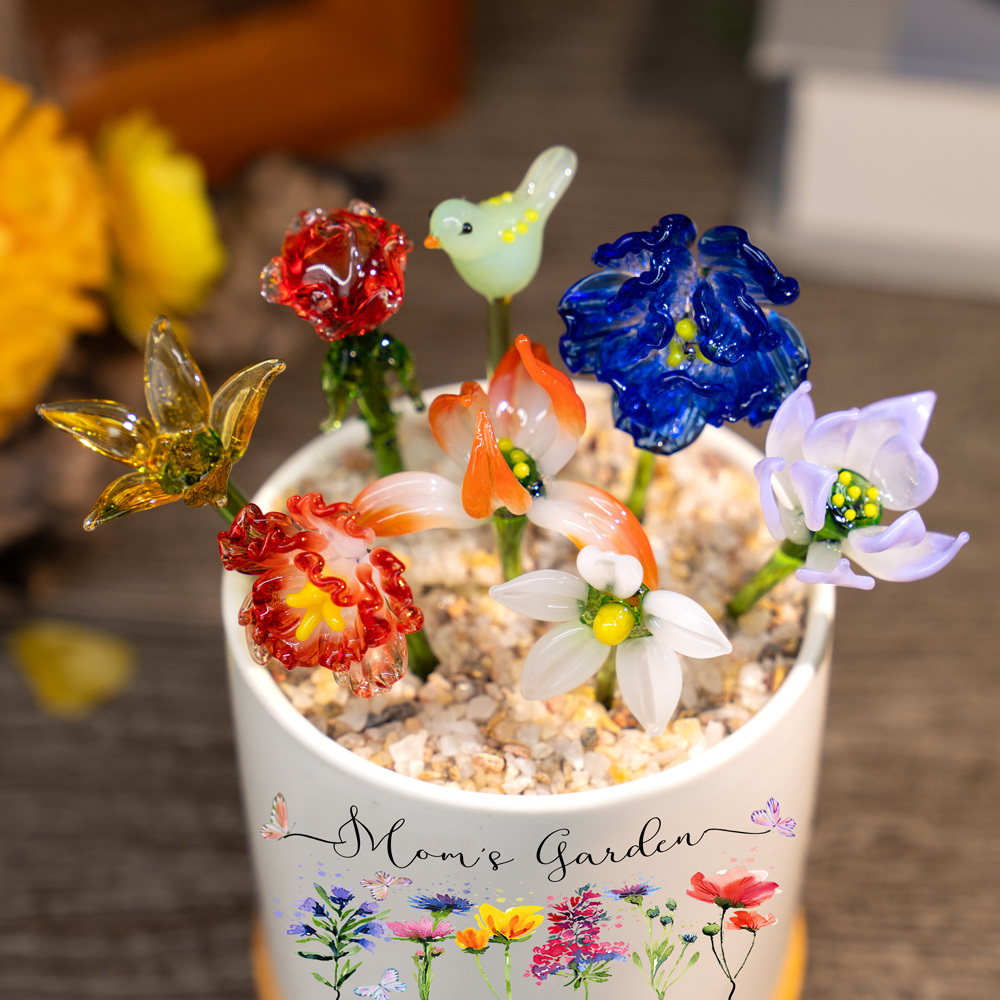 Custom Birth Flower Pot with Glass Flower Spring Decoration Mother's Day Gift