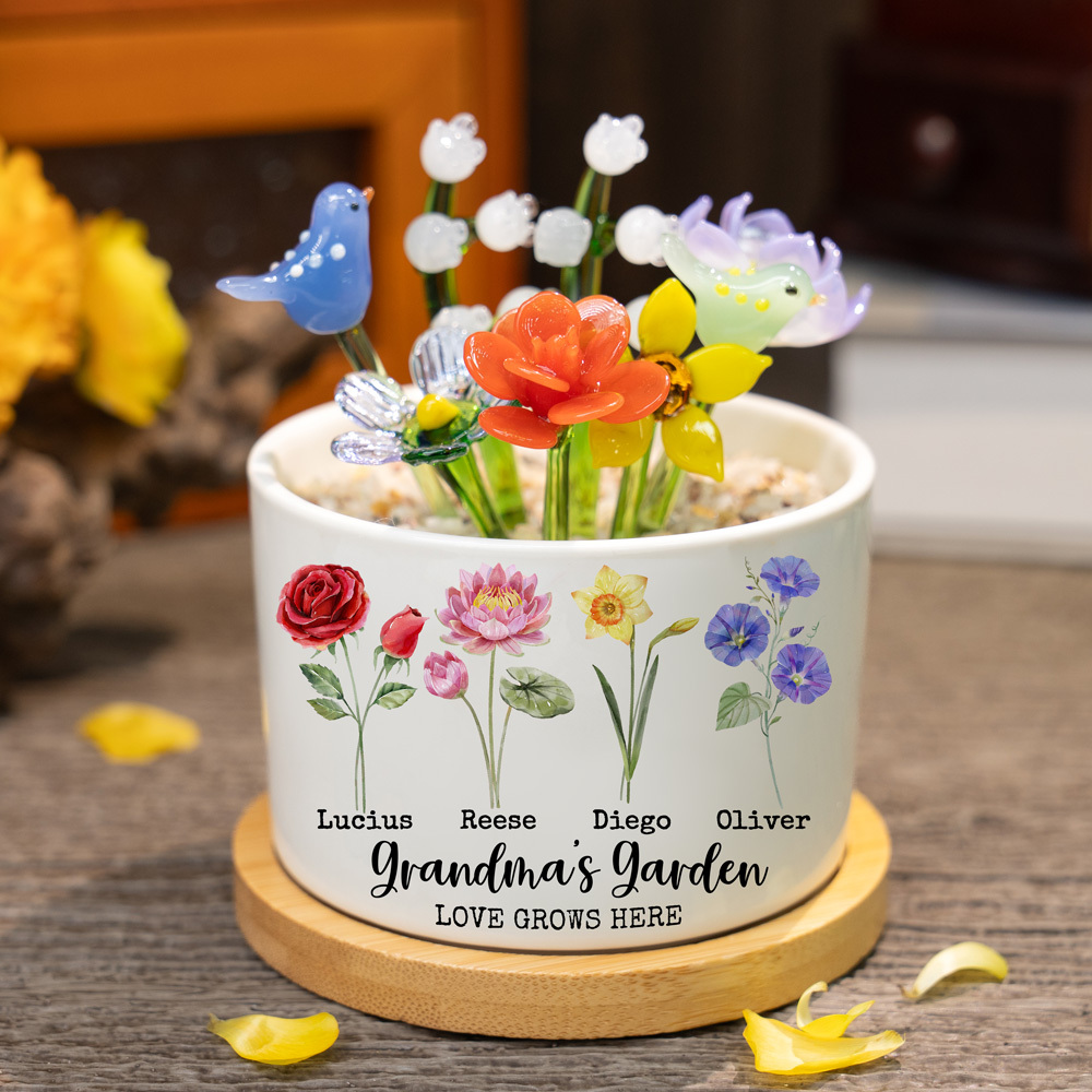 Custom Birth Flower Pot with Glass Flower Spring Decoration Mother's Day Gift