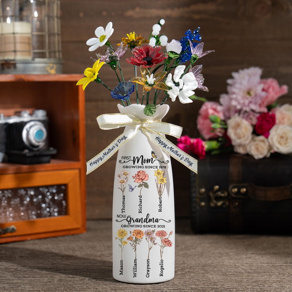 Custom Birth Flower Vase with Glass Flower Mother's Day Gift Keepsake Gift For Mom/Grandma