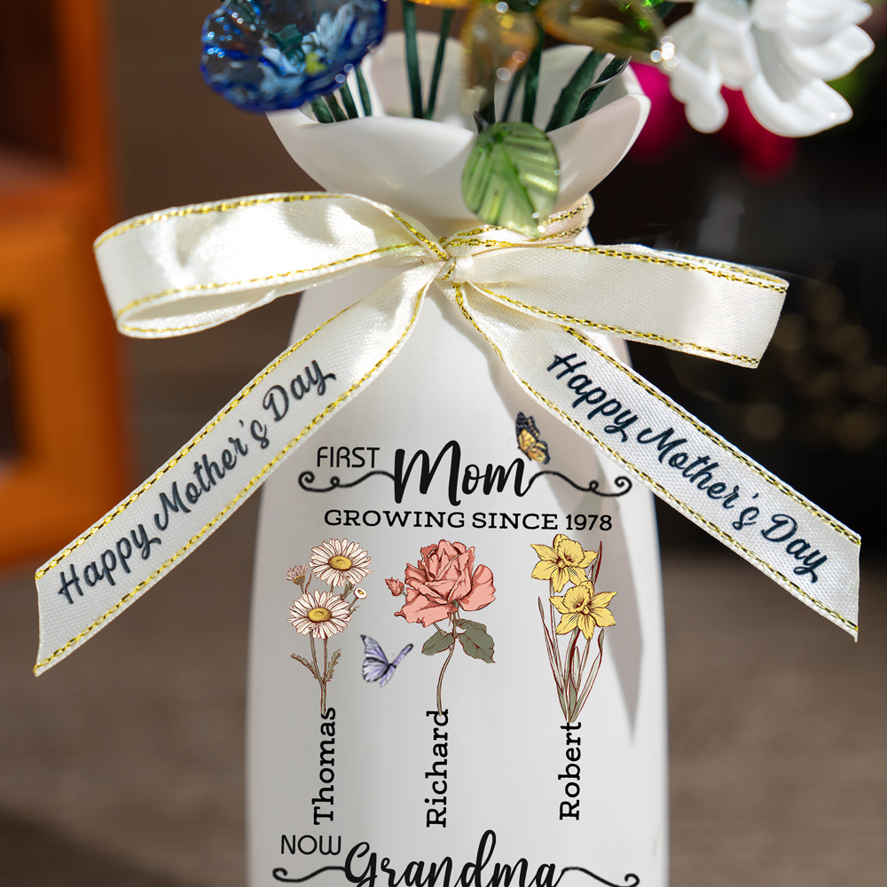 Custom Birth Flower Vase with Glass Flower Mother's Day Gift Keepsake Gift For Mom/Grandma