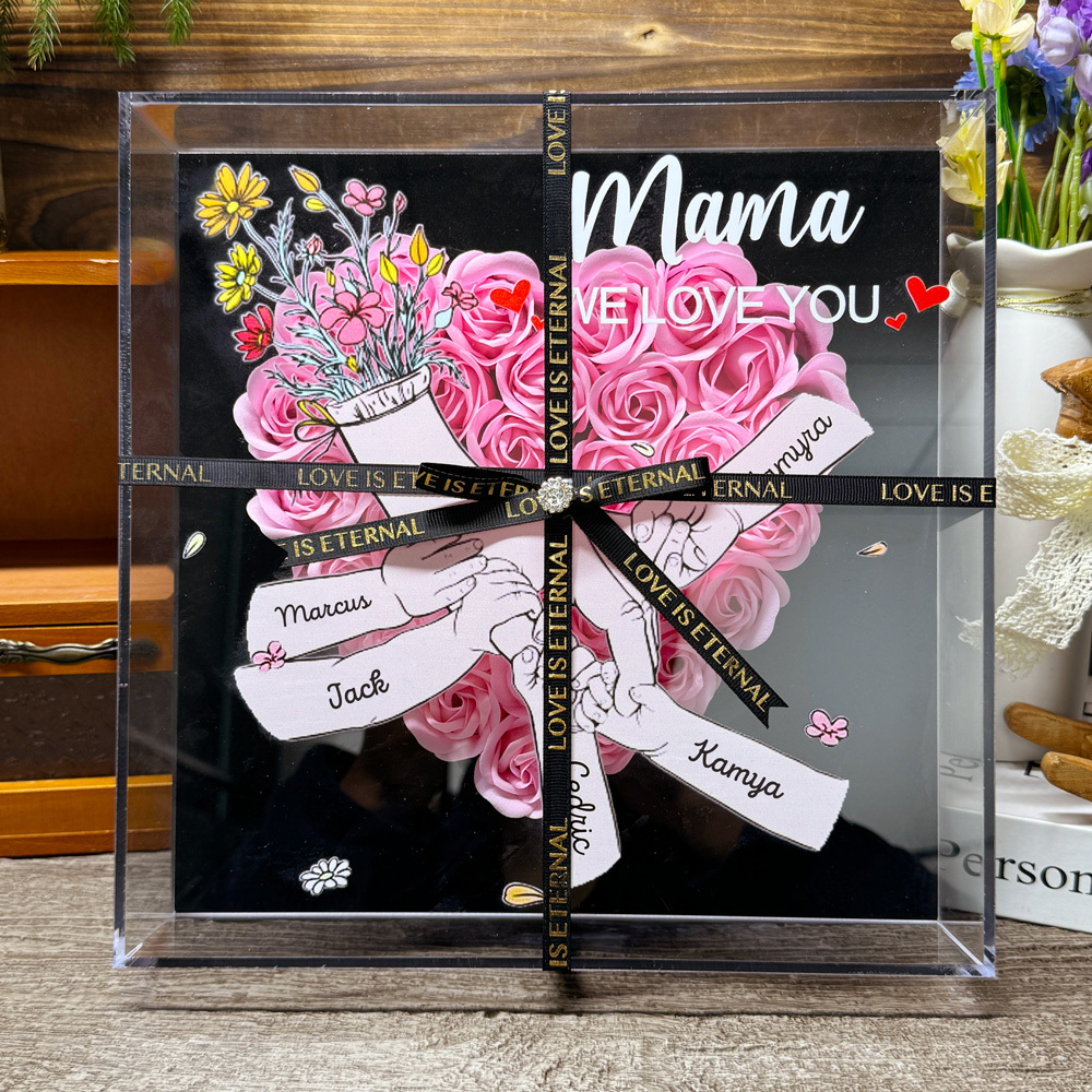 We Love You Mama Hand Holding - Personalized Family Flower Shadow Box Mother's Day Gift
