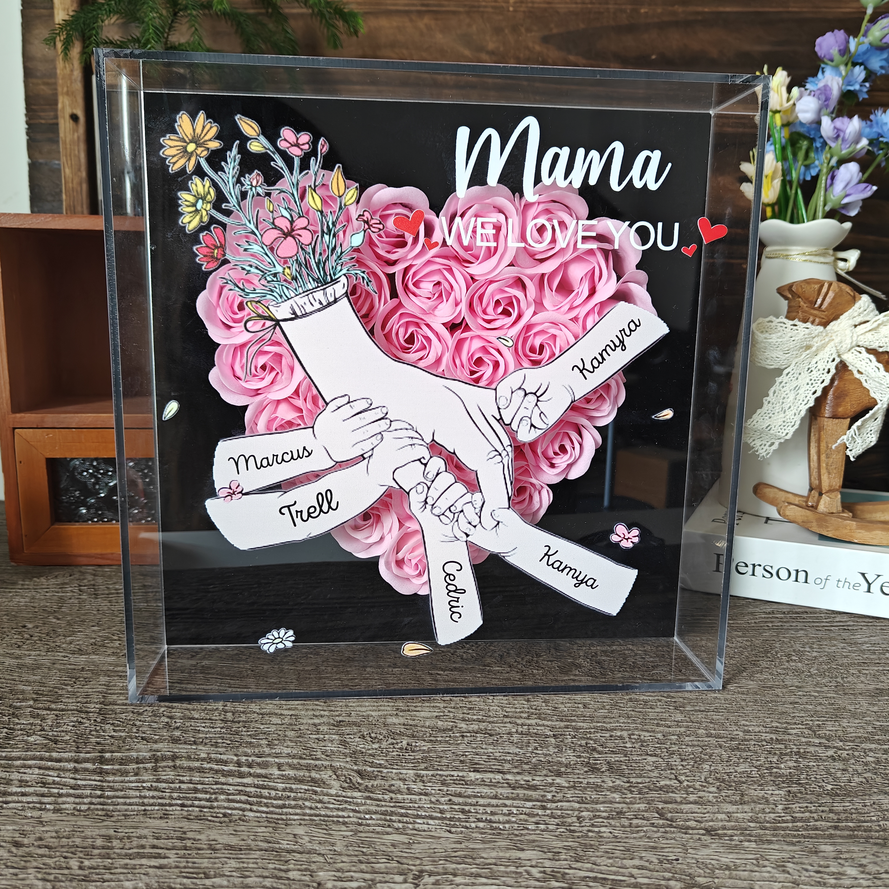 [Copy]We Love You Mama Hand Holding - Personalized Family Flower Shadow Box Mother's Day Gift