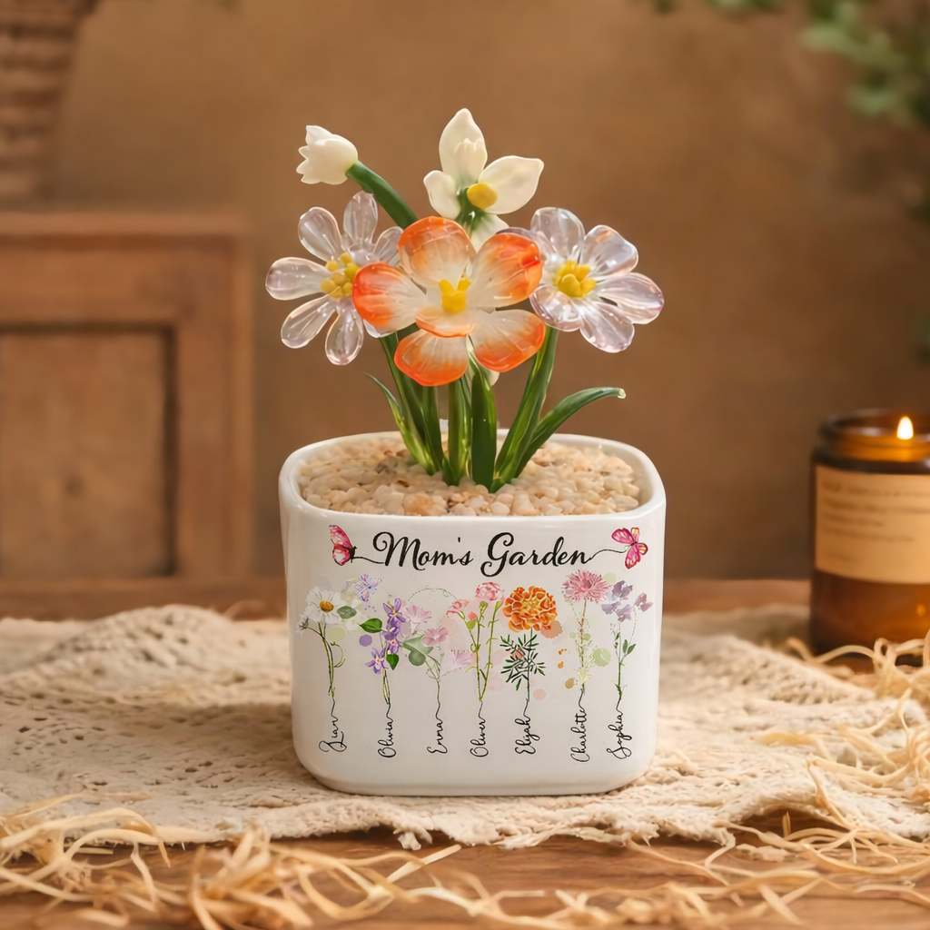 Custom Birth Flower Pot with Mini Glass Flower Spring Decoration Mother's Day Gift