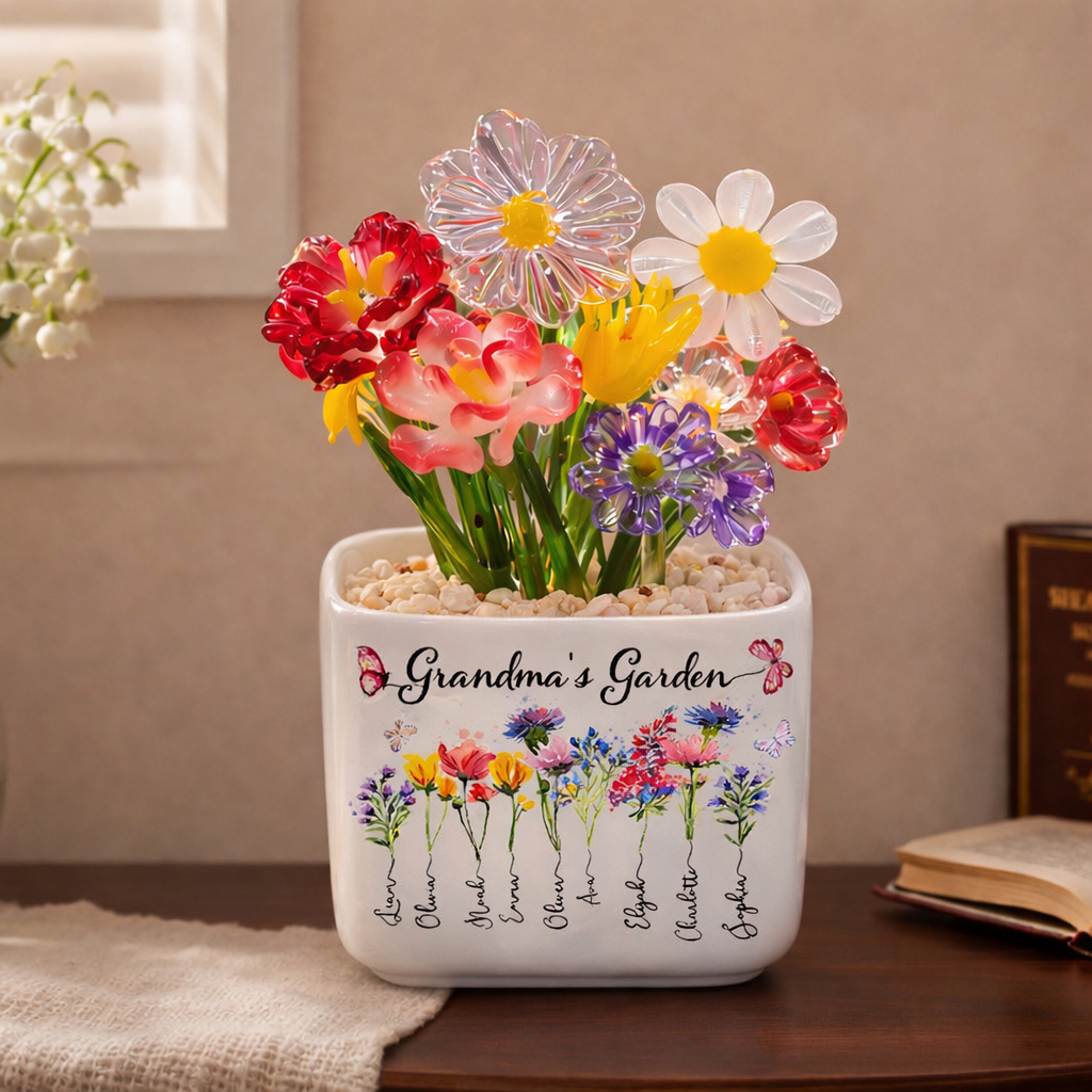 Custom Birth Flower Pot with Mini Glass Flower Spring Decoration Mother's Day Gift