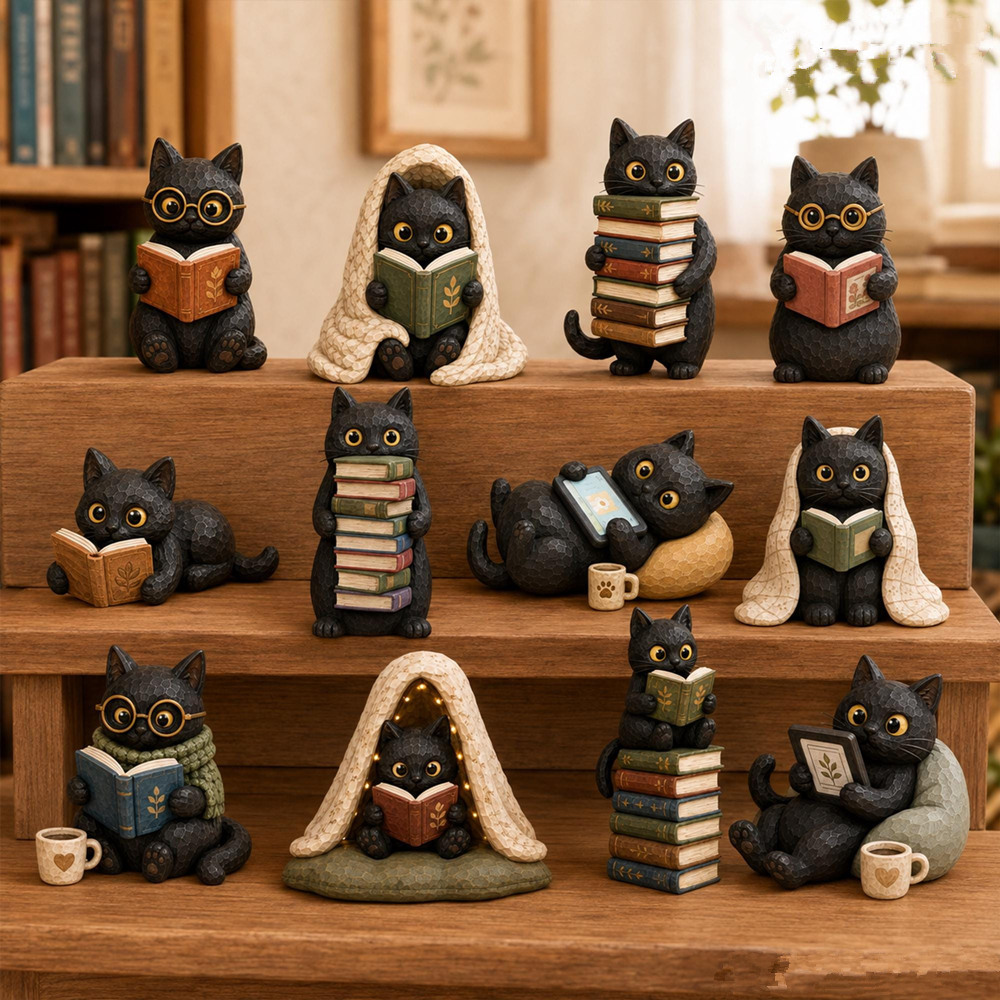 Black Cat Reading Book Decor