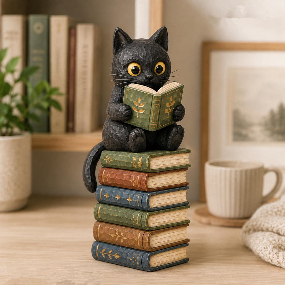 Black Cat Reading Book Decor