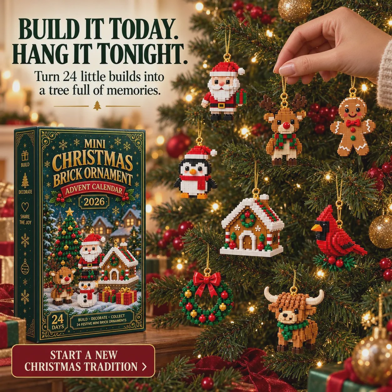 🎄24-Day Mini Christmas Ornament Advent Calendar | 24 Unique Buildable Christmas Decorations with Hanging Loops, Great for Trees & Wreaths