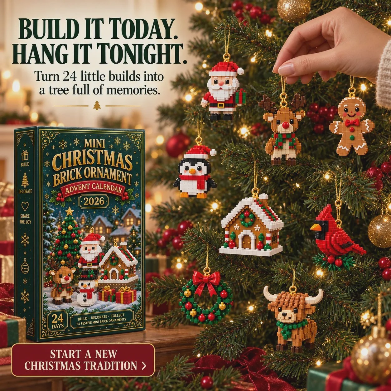 🎄24-Day Mini Christmas Ornament Advent Calendar | 24 Unique Buildable Christmas Decorations with Hanging Loops, Great for Trees & Wreaths
