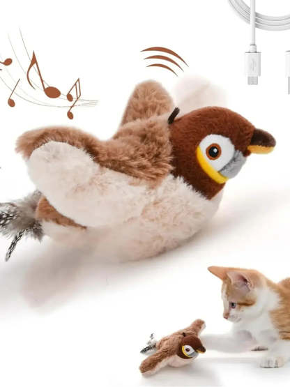 Interactive Cat Toys Rechargeable Flying Bird Cat Toy Chirping Flapping Bird  Can Add Catnip Touch Activated Plush Toy