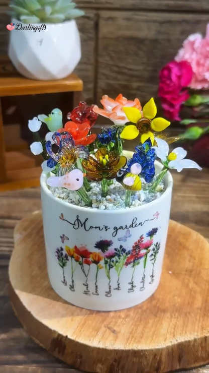 Custom Birth Flower Pot with Mini Glass Flower Spring Decoration Mother's Day Gift