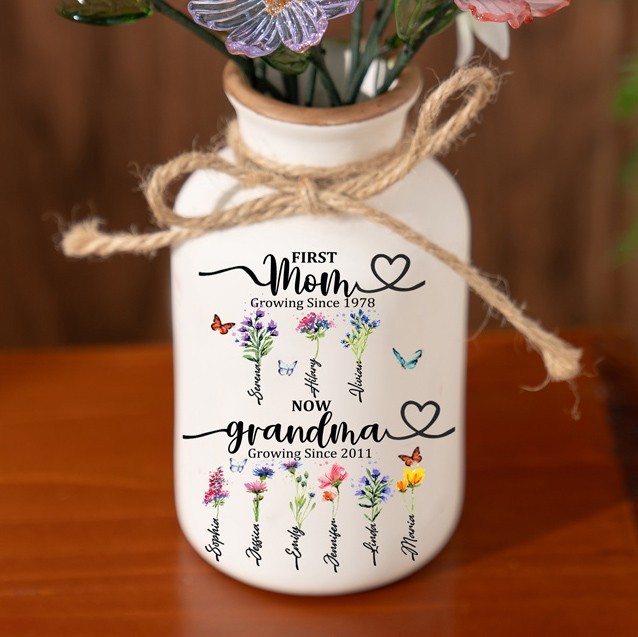 Personalized Birth Flower Vase with Glass Flower Mother's Day Gift Keepsake Gift For Mom/Grandma